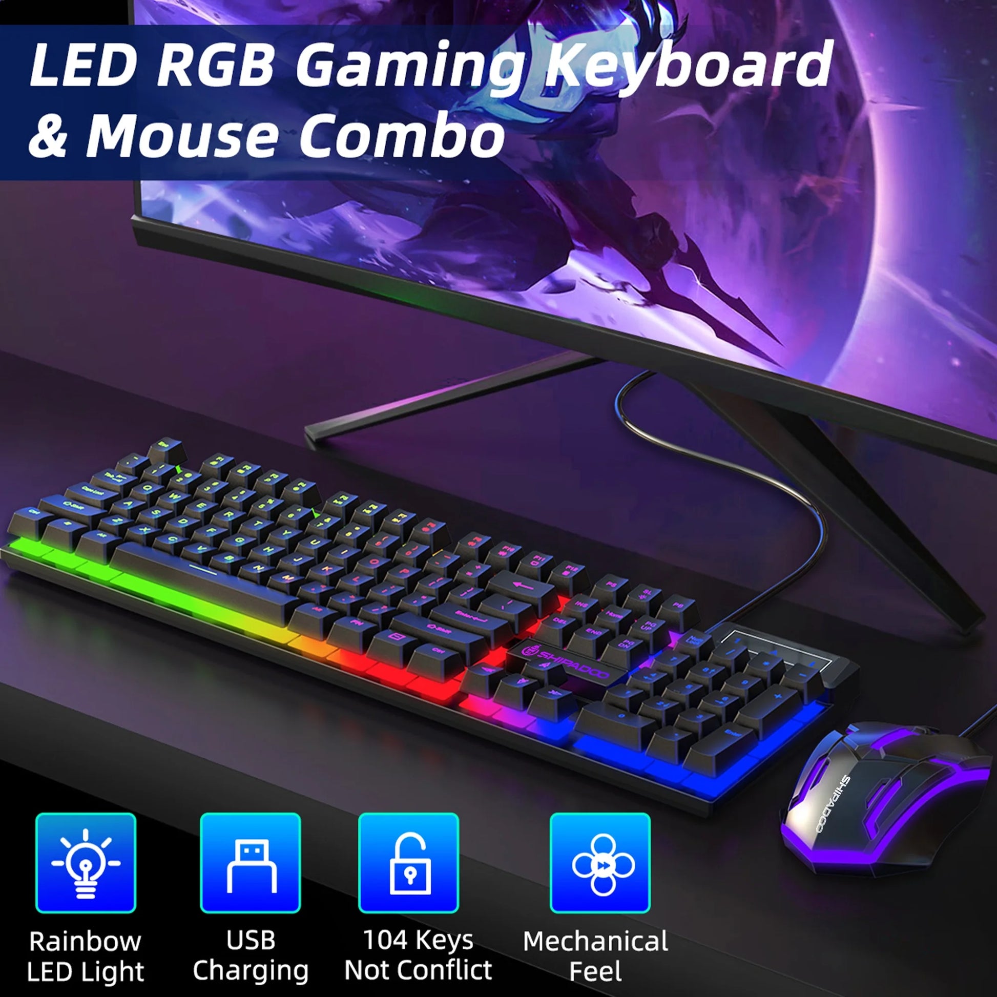 Gaming Keyboard & Mouse, 104 Keys LED RGB Backlit Quiet Computer Keyboard, Multimedia Keys, 26 Anti-Ghosting Keys, Waterproof Light up USB Wired Keyboard for PC Gamers Desktop Computer Laptop,Black
